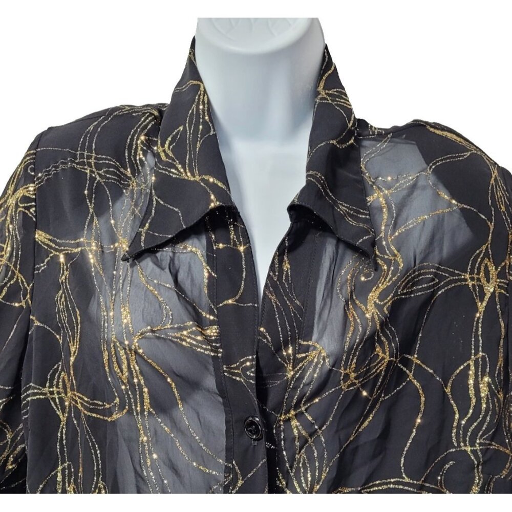 G Lance Top‎ Vintage Plus Size 2X Sheer Black Gold Glitter Button Bright Artsy